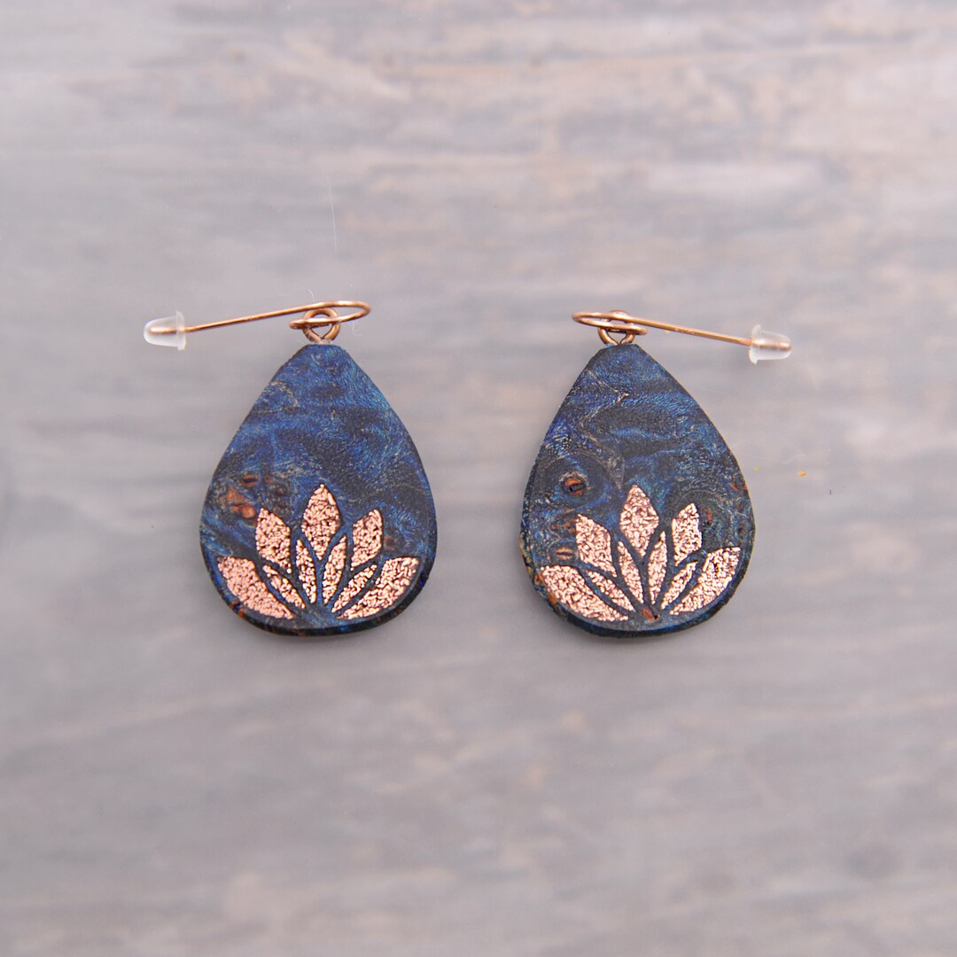 Copper Inlay Lotus Flower Blue Teardrop, Wood Dangle Earrings MakerPlace by Michaels